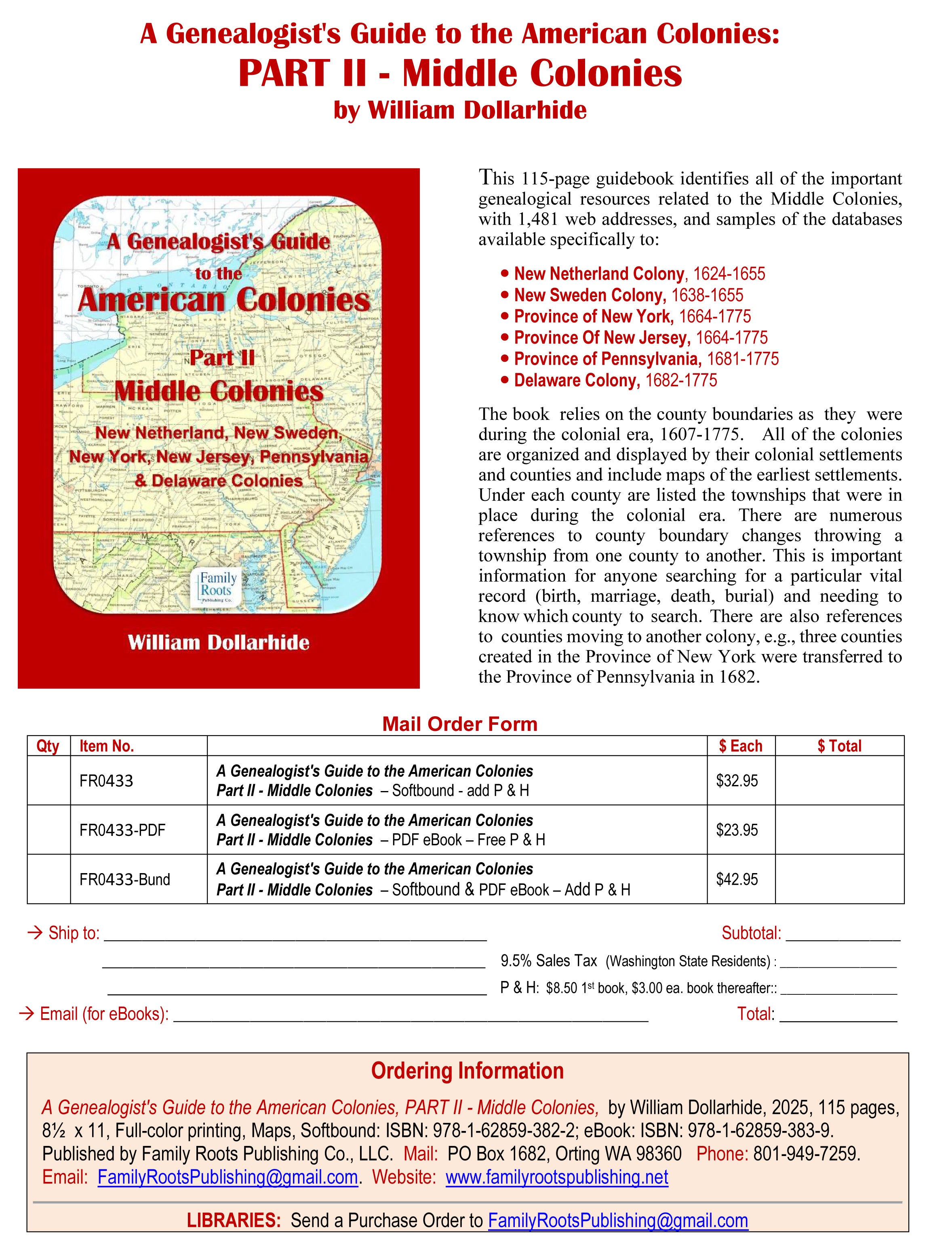 FREE Flyer: Downloadable PDF Flyer - A Genealogist's Guide to the American Colonies - Part II - Middle Colonies.