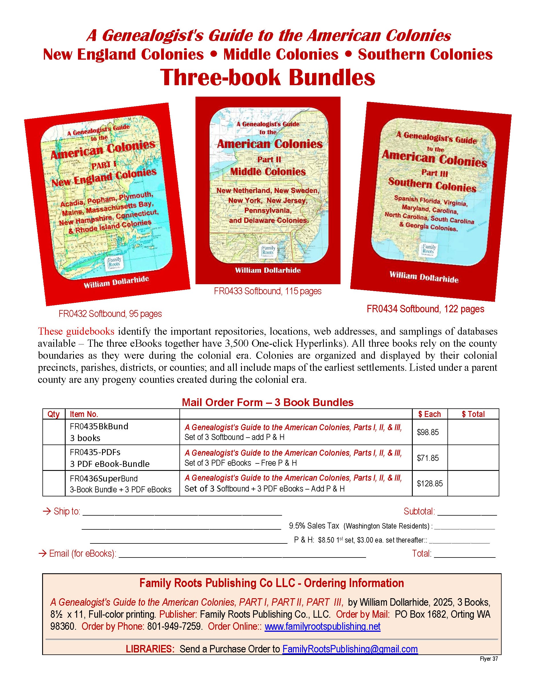 FREE Flyer: Downloadable 2 JPG Flyers - A Genealogist's Guide to the American Colonies - Part I, II, & III - New England, Middle, & Southern Colonies - Books & Bundles