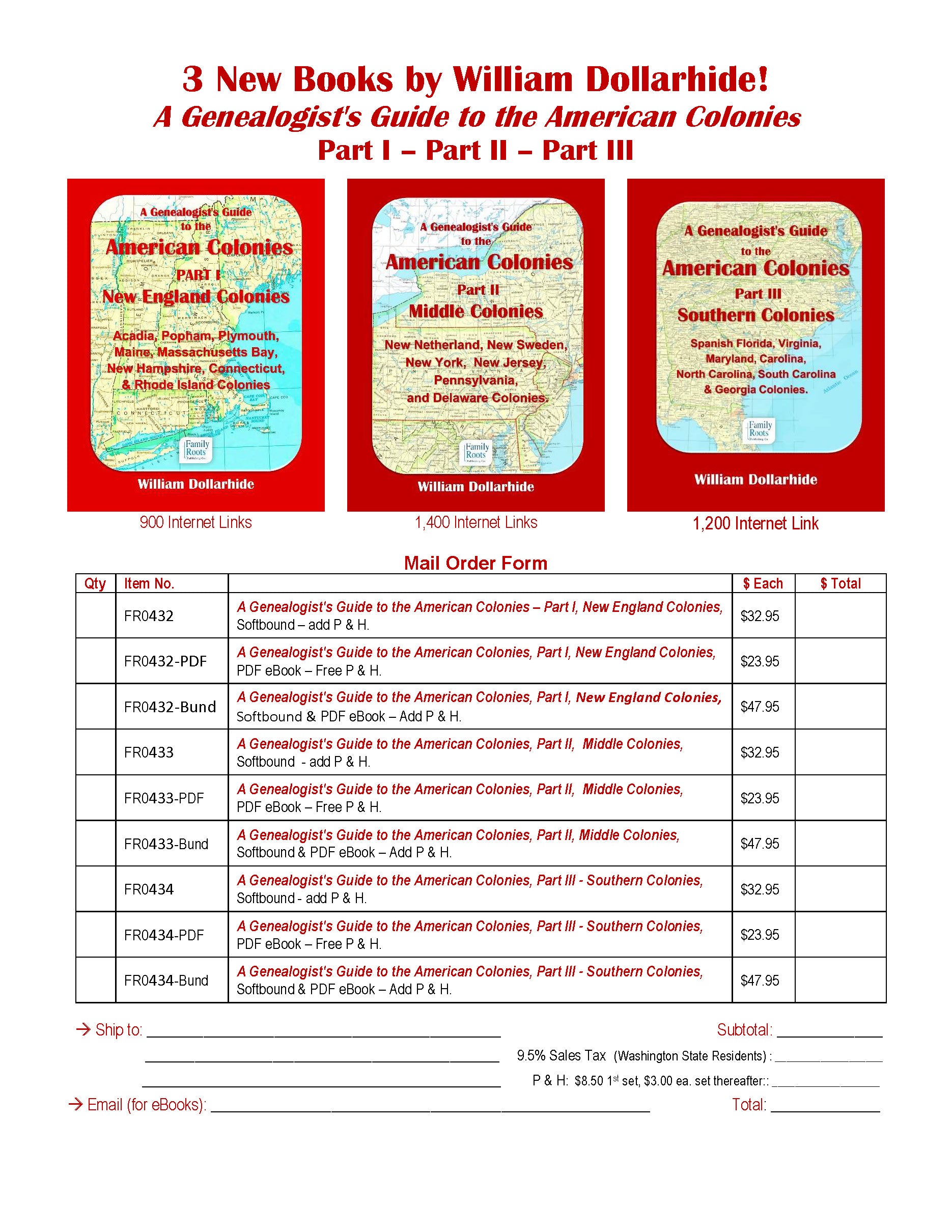 FREE Flyer: Downloadable 2 JPG Flyers - A Genealogist's Guide to the American Colonies - Part I, II, & III - New England, Middle, & Southern Colonies - Books & Bundles
