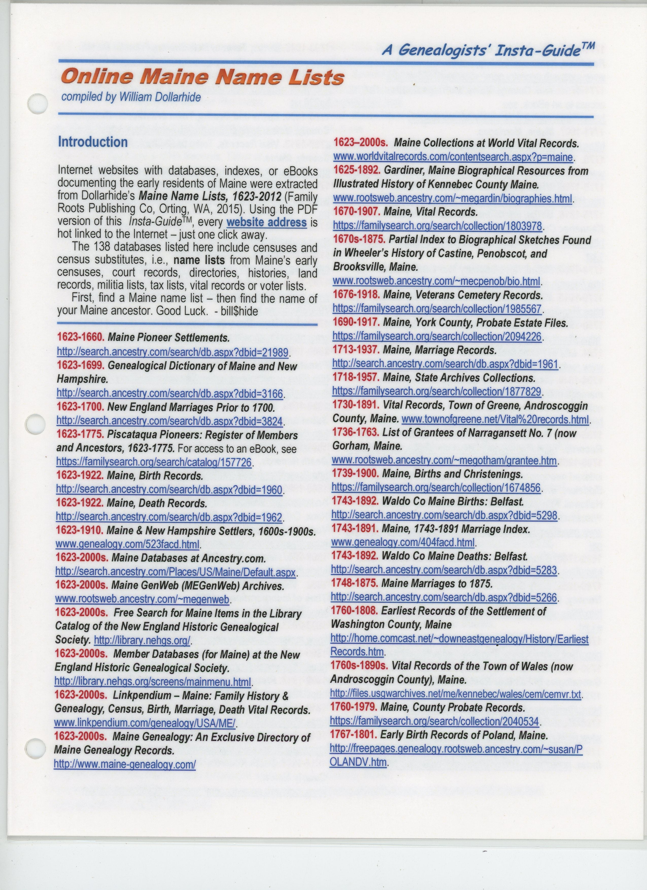 Online Maine Censuses & Substitute Name Lists, A Genealogists' Insta-Guide