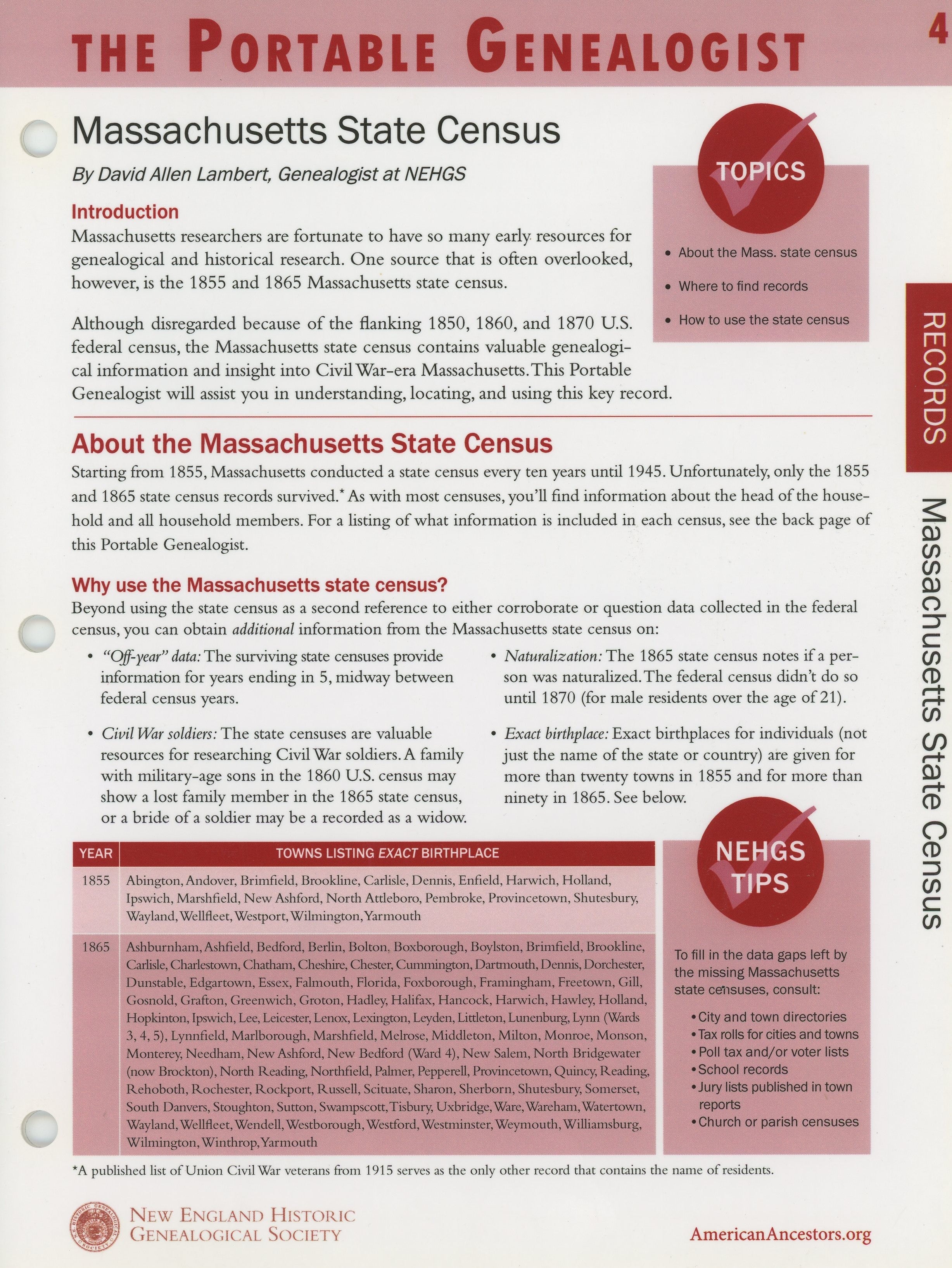 The Portable Genealogist: Massachusetts State Census