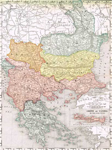 1895 Map of Bulgaria, Romania, Turkey, Montenegro, Greece, Crete & Serbia