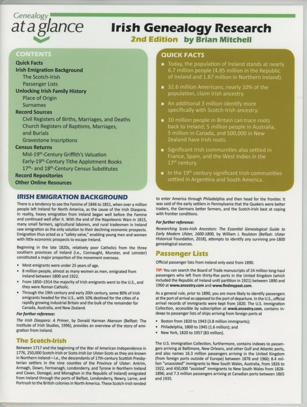 Genealogy at a Glance: Irish Genealogy Research. 2nd Edition